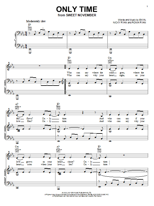 Enya Only Time sheet music notes and chords arranged for Piano, Vocal & Guitar Chords (Right-Hand Melody)