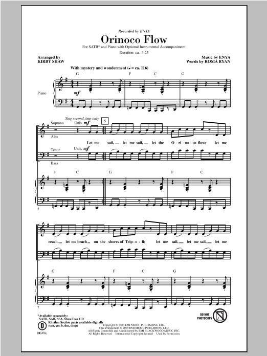 Enya Orinoco Flow (arr. Kirby Shaw) sheet music notes and chords. Download Printable PDF.