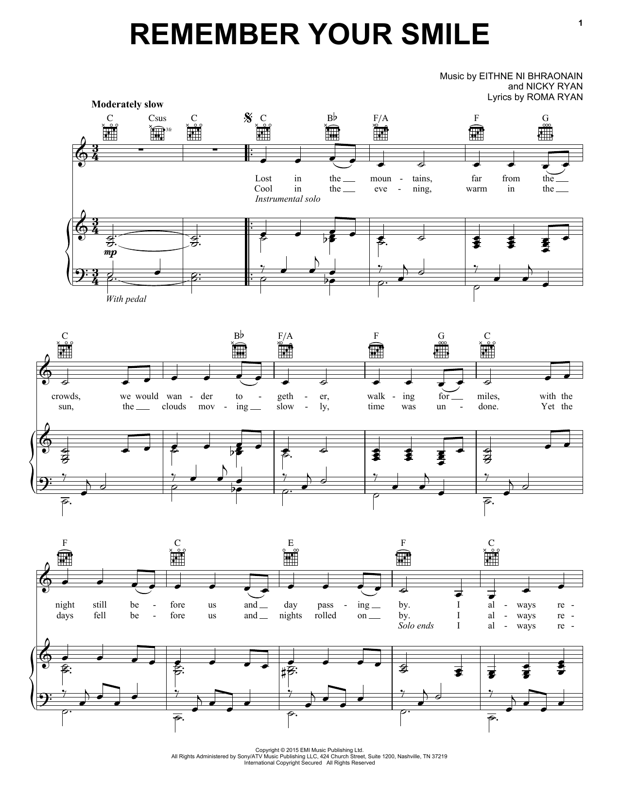 Learn to play Enya Remember Your Smile sheet music for Piano, Vocal & Guitar Chords (Right-Hand Melody) in minutes. Price: 7.8900$ Enya Remember Your Smile sheet music notes and chords arranged for Piano, Vocal & Guitar Chords (Right-Hand Melody)