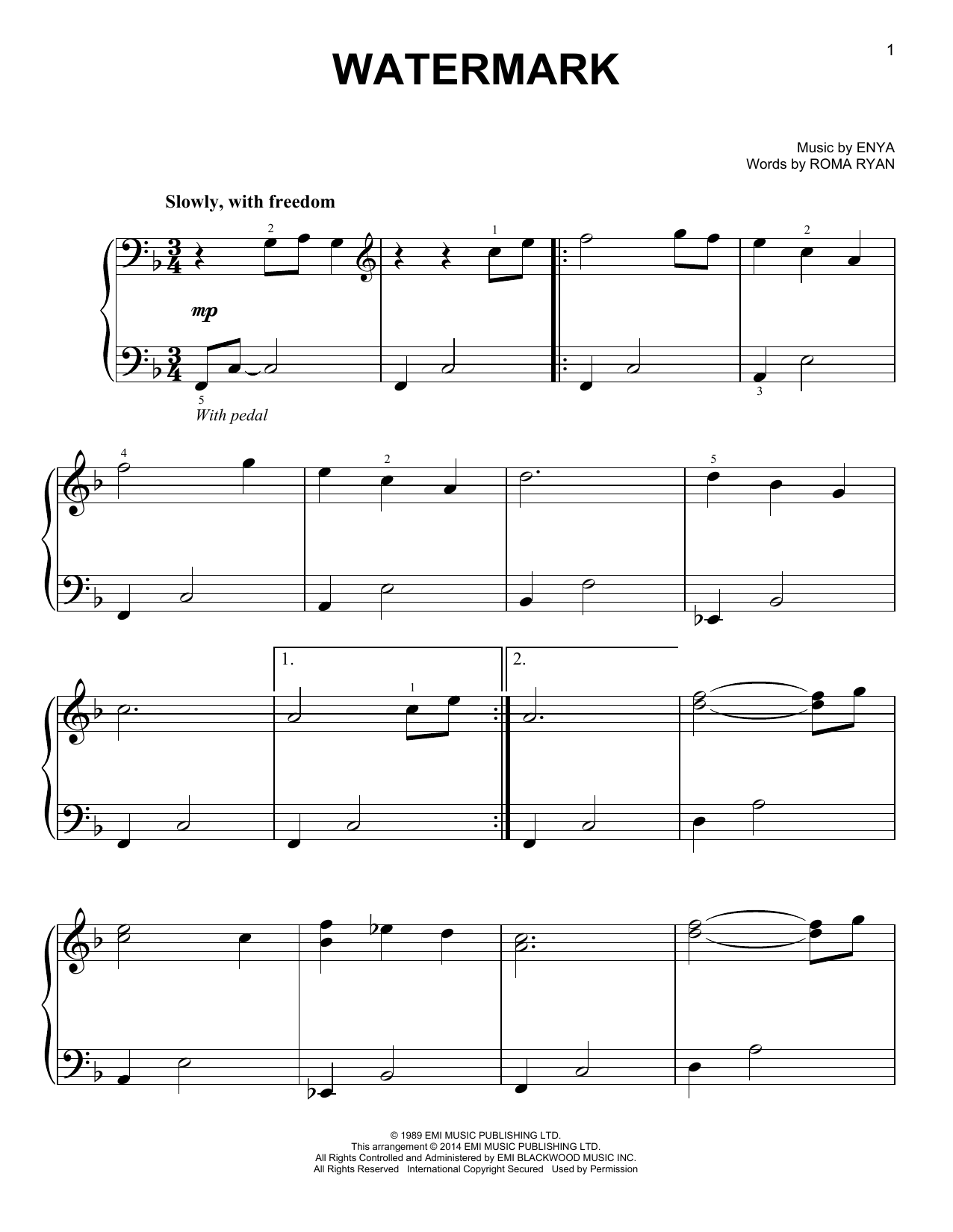 Enya Watermark sheet music notes and chords. Download Printable PDF.