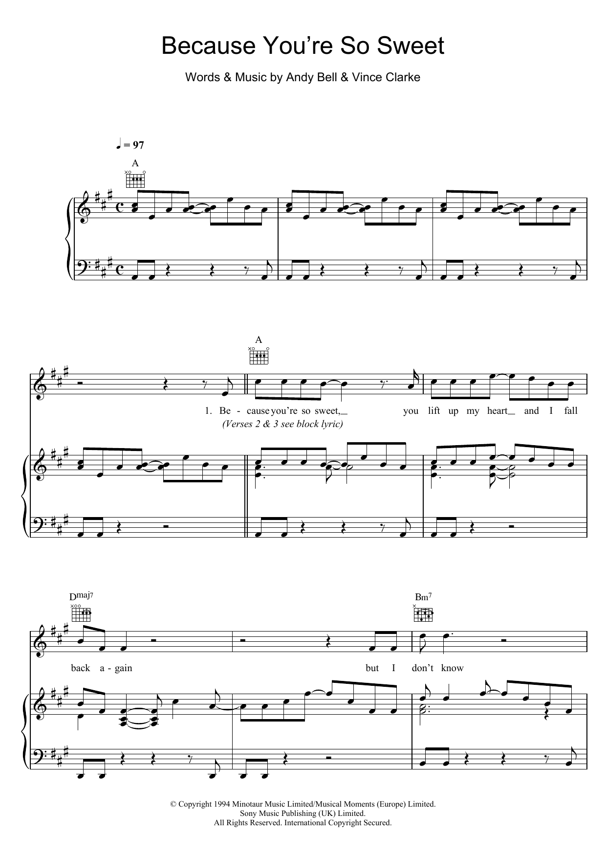 Erasure Because You're So Sweet sheet music notes and chords arranged for Piano, Vocal & Guitar Chords