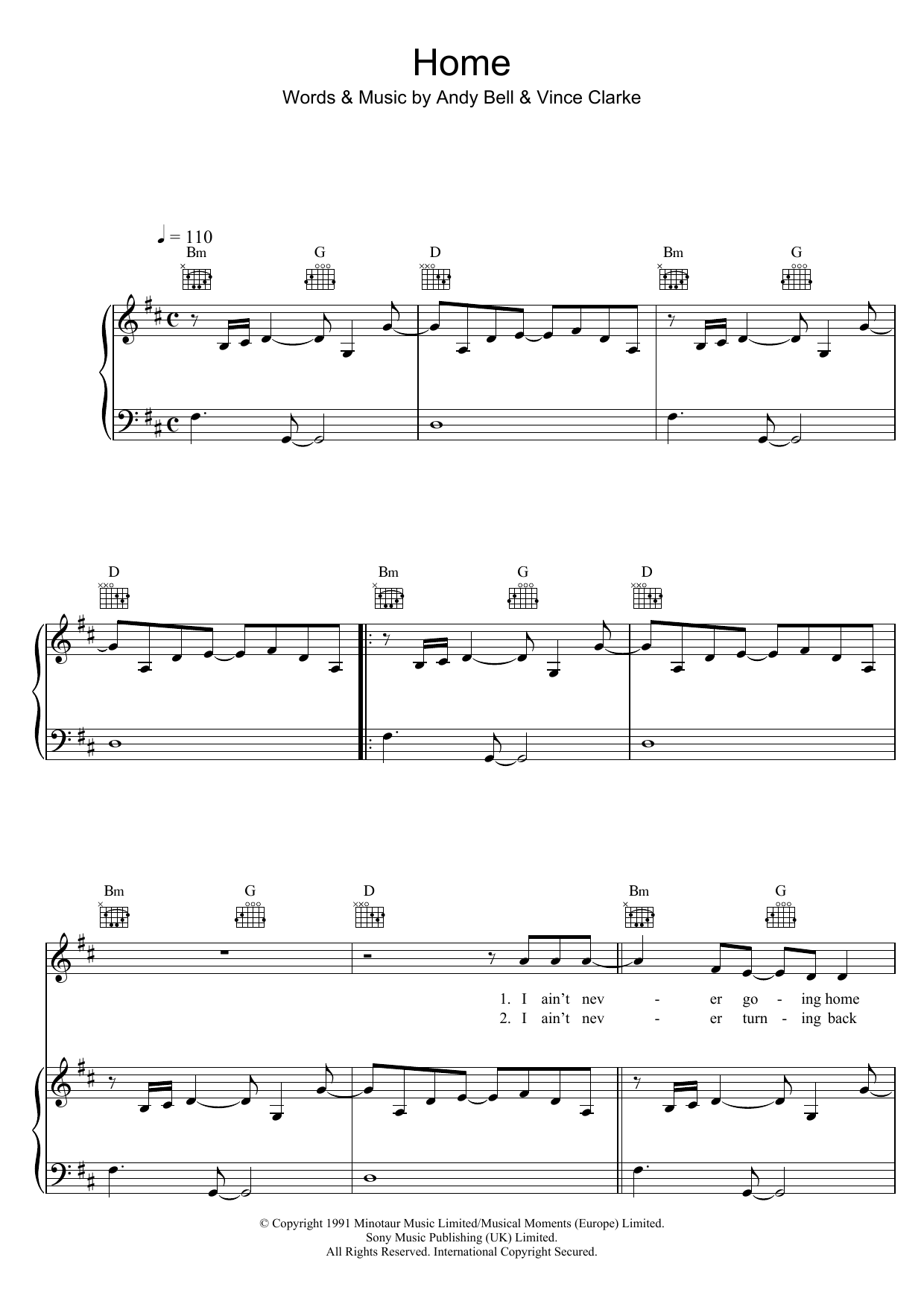 Erasure Home sheet music notes and chords arranged for Piano, Vocal & Guitar Chords