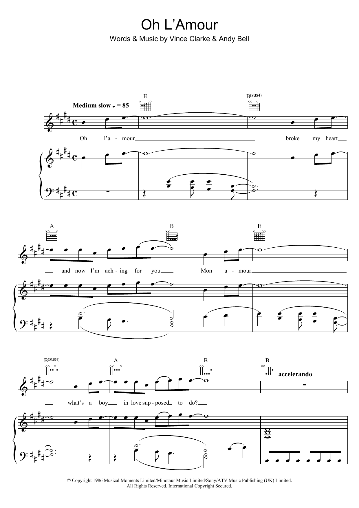 Erasure Oh L'Amour sheet music notes and chords arranged for Piano, Vocal & Guitar Chords