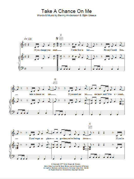 Erasure Take A Chance On Me sheet music notes and chords arranged for Piano, Vocal & Guitar Chords