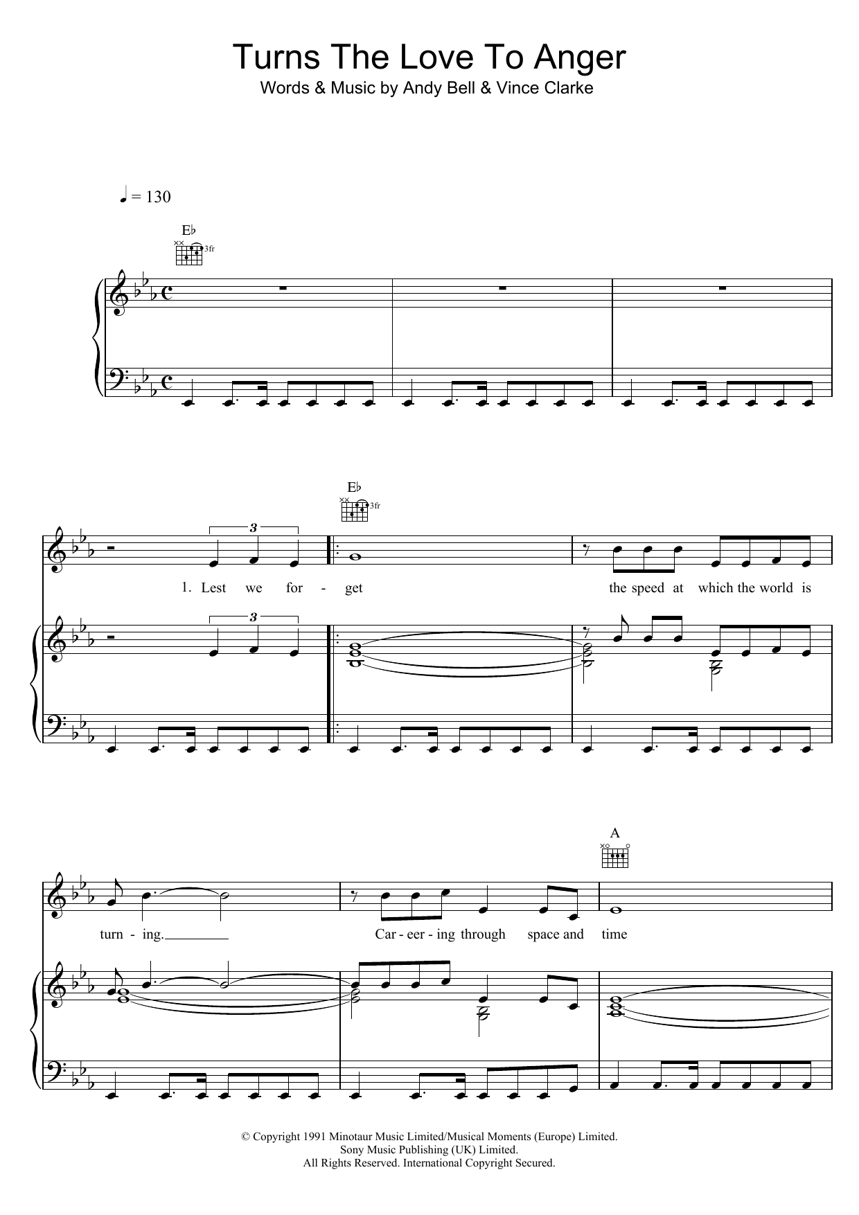 Erasure Turns The Love To Anger sheet music notes and chords arranged for Piano, Vocal & Guitar Chords