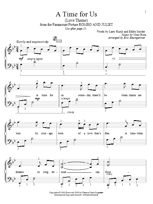 Eric Baumgartner A Time For Us (Love Theme) sheet music notes and chords. Download Printable PDF.