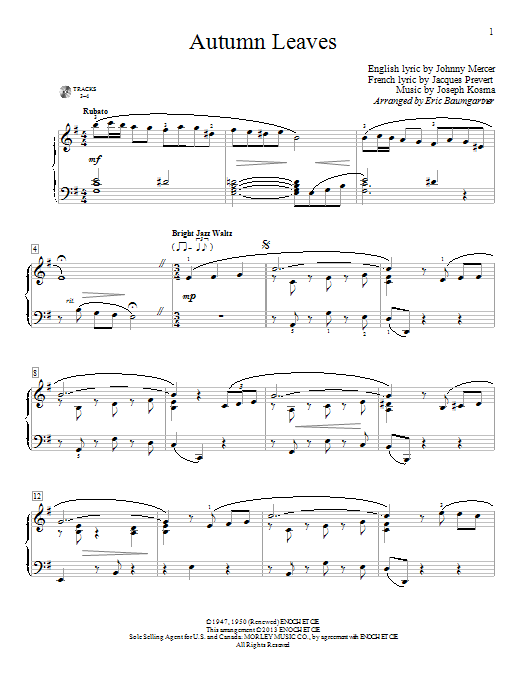 Eric Baumgartner Autumn Leaves sheet music notes and chords. Download Printable PDF.