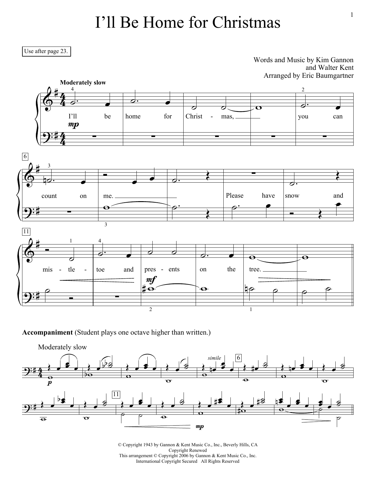 Eric Baumgartner I'll Be Home For Christmas sheet music notes and chords arranged for Educational Piano