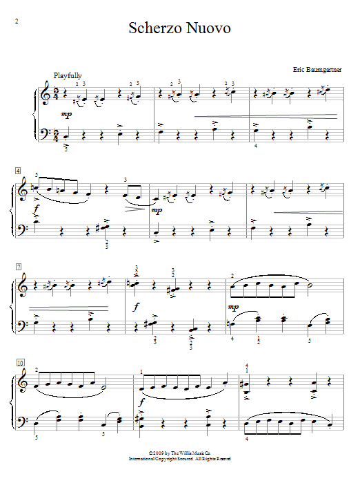 Learn to play Eric Baumgartner Scherzo Nuovo sheet music for Educational Piano in minutes. Price: 6.9900$ Eric Baumgartner Scherzo Nuovo sheet music notes and chords arranged for Educational Piano