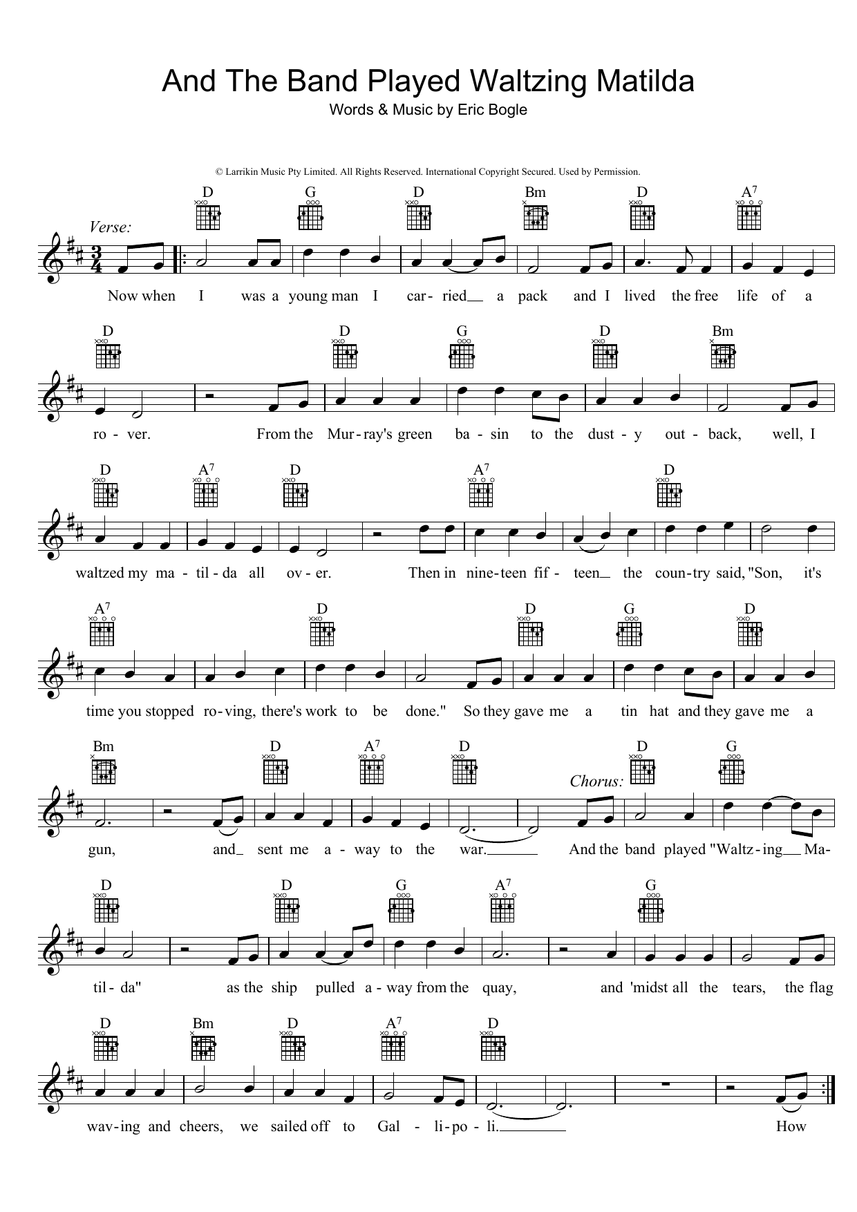 Eric Bogle And The Band Played Waltzing Matilda sheet music notes and chords. Download Printable PDF.