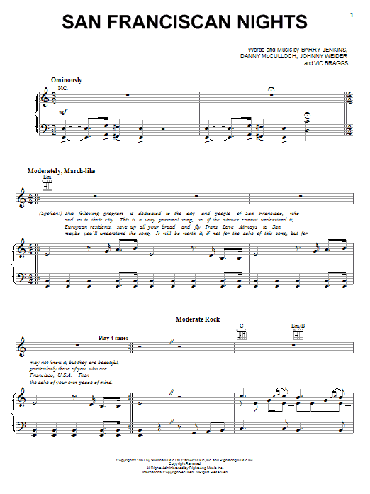 Eric Burdon & The Animals San Franciscan Nights sheet music notes and chords arranged for Piano, Vocal & Guitar Chords (Right-Hand Melody)