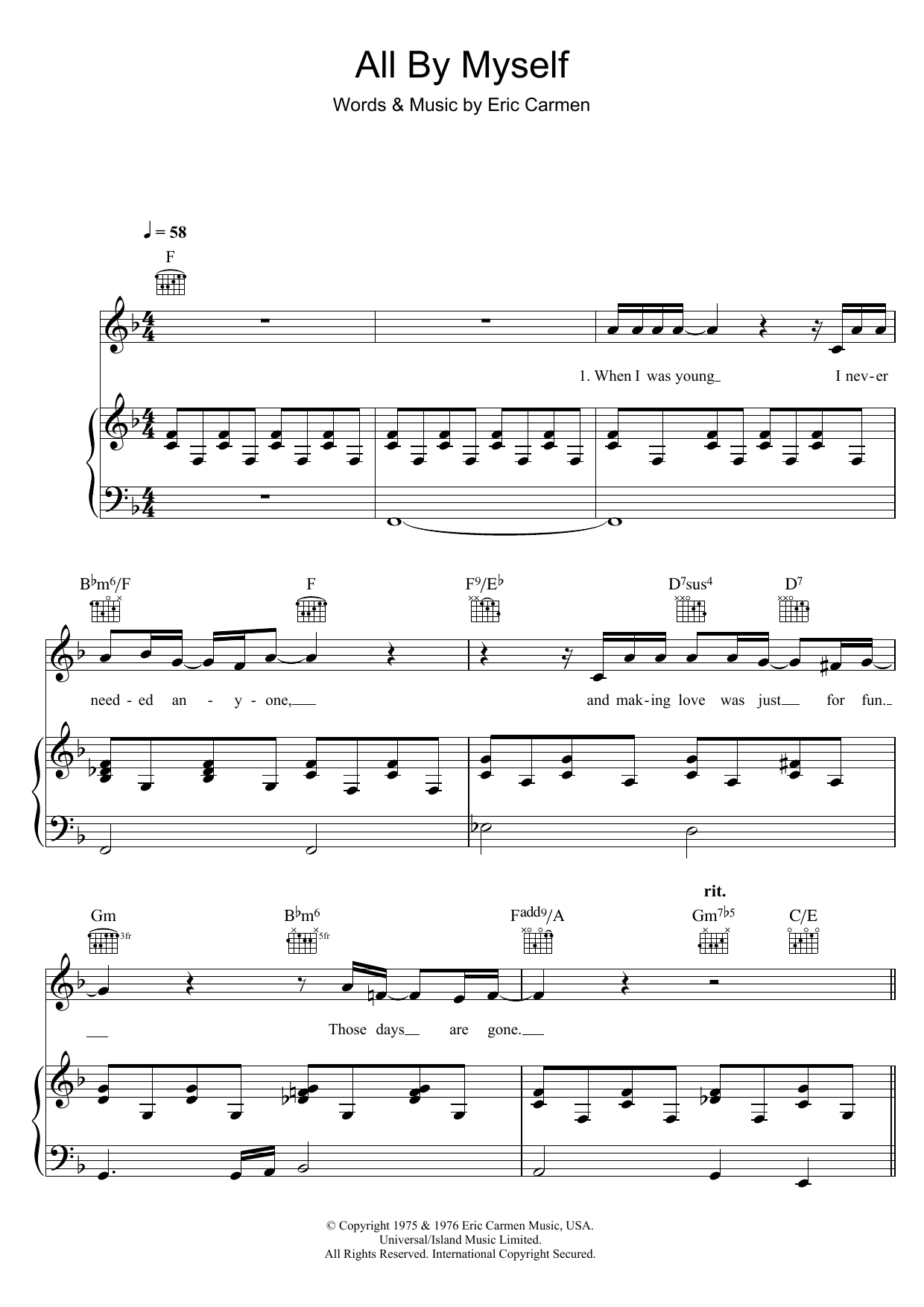 Eric Carmen All By Myself sheet music notes and chords. Download Printable PDF.