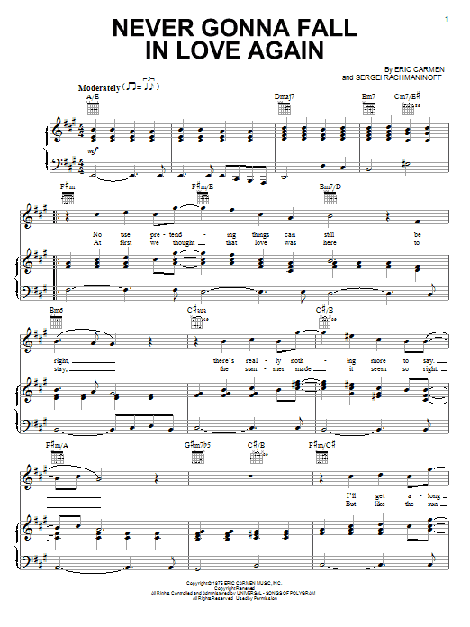 Eric Carmen Never Gonna Fall In Love Again sheet music notes and chords arranged for Piano, Vocal & Guitar Chords (Right-Hand Melody)