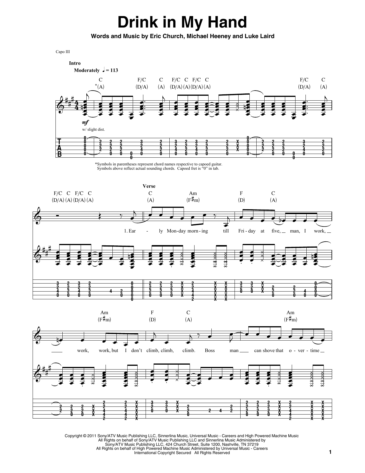 Eric Church Drink In My Hand sheet music notes and chords. Download Printable PDF.