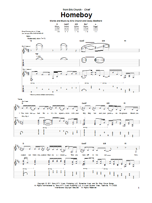 Learn to play Eric Church Homeboy sheet music for Guitar Tab in minutes. Price: 7.8900$ Eric Church Homeboy sheet music notes and chords arranged for Guitar Tab