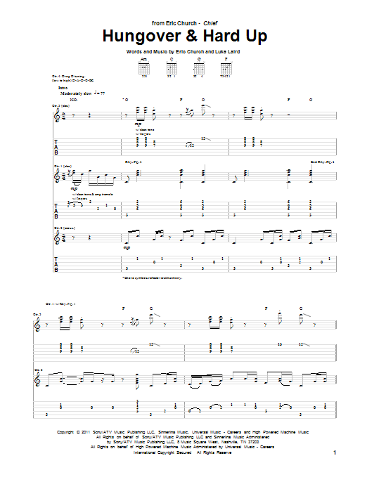 Learn to play Eric Church Hungover & Hard Up sheet music for Guitar Tab in minutes. Price: 7.8900$ Eric Church Hungover & Hard Up sheet music notes and chords arranged for Guitar Tab