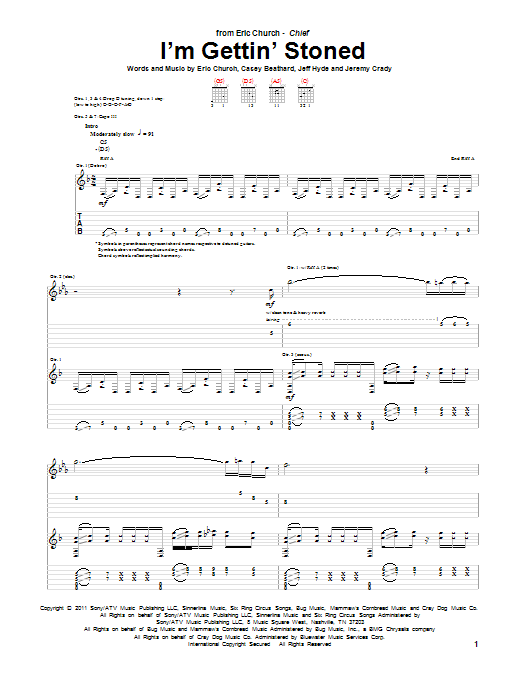 Learn to play Eric Church I'm Gettin' Stoned sheet music for Guitar Tab in minutes. Price: 7.8900$ Eric Church I'm Gettin' Stoned sheet music notes and chords arranged for Guitar Tab