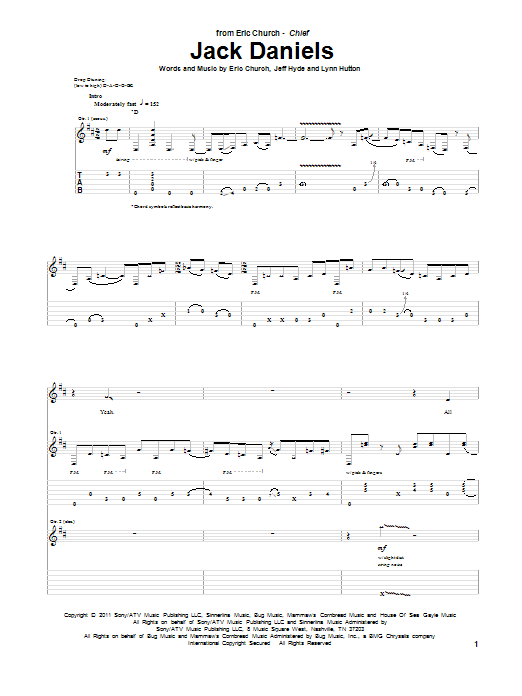 Eric Church Jack Daniels sheet music notes and chords arranged for Guitar Tab