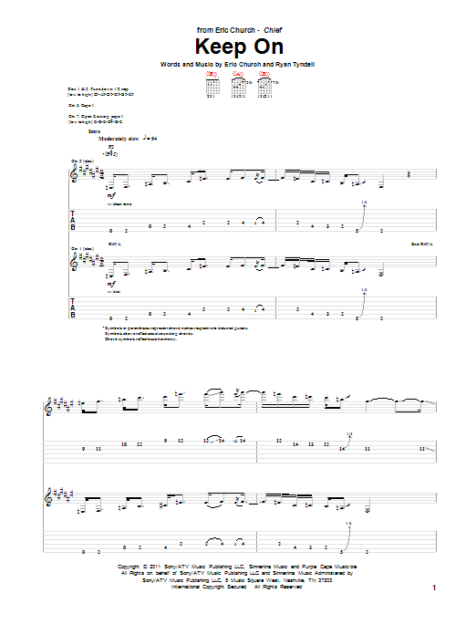 Learn to play Eric Church Keep On sheet music for Guitar Tab in minutes. Price: 7.8900$ Eric Church Keep On sheet music notes and chords arranged for Guitar Tab