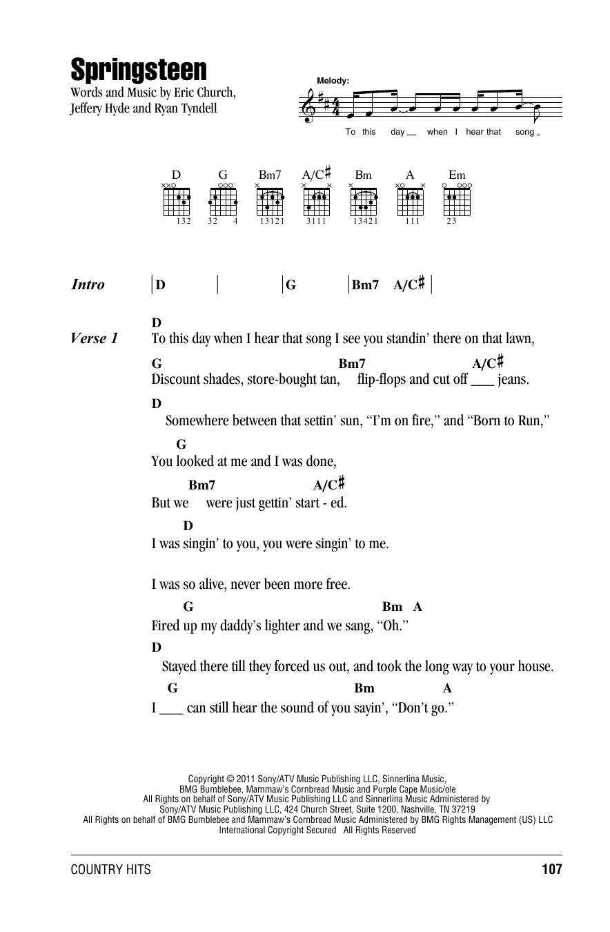 Eric Church Springsteen sheet music notes and chords. Download Printable PDF.