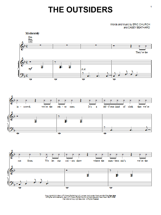 Learn to play Eric Church The Outsiders sheet music for Piano, Vocal & Guitar Chords (Right-Hand Melody) in minutes. Price: 7.8900$ Eric Church The Outsiders sheet music notes and chords arranged for Piano, Vocal & Guitar Chords (Right-Hand Melody)