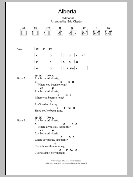 Eric Clapton Alberta sheet music notes and chords. Download Printable PDF.