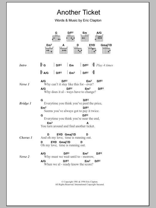 Eric Clapton Another Ticket sheet music notes and chords. Download Printable PDF.