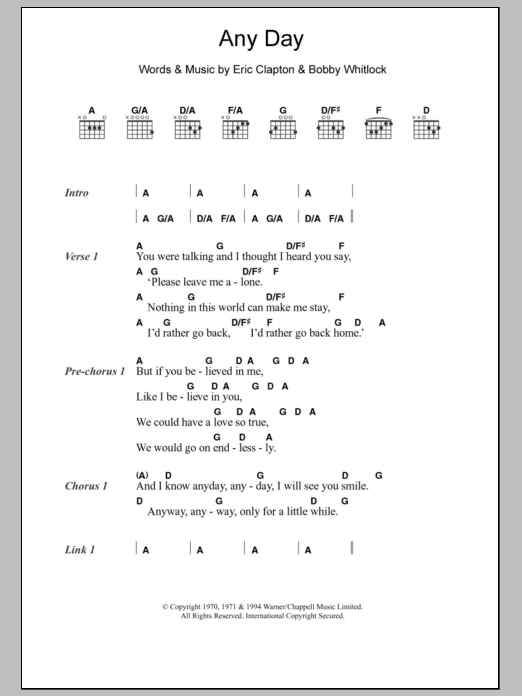 Eric Clapton Any Day sheet music notes and chords. Download Printable PDF.