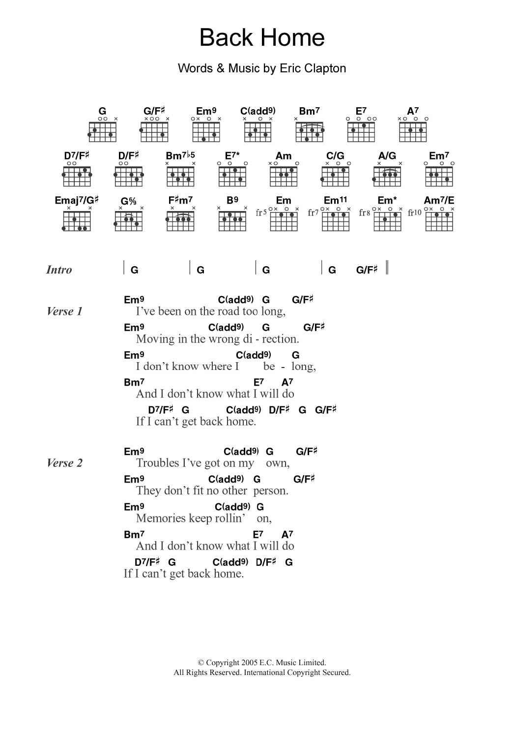 Eric Clapton Back Home sheet music notes and chords. Download Printable PDF.