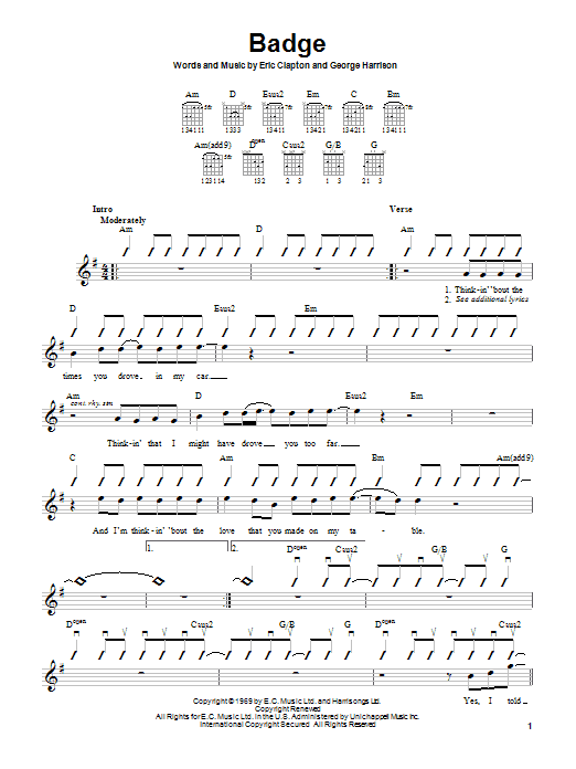 Eric Clapton Badge sheet music notes and chords. Download Printable PDF.