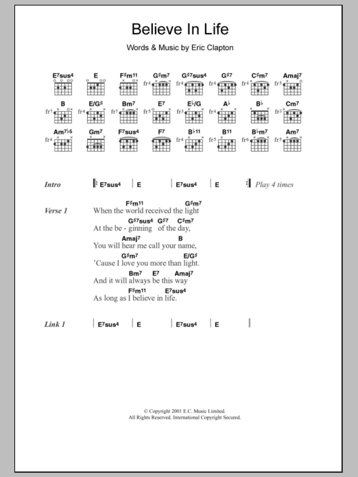 Eric Clapton Believe In Life sheet music notes and chords. Download Printable PDF.