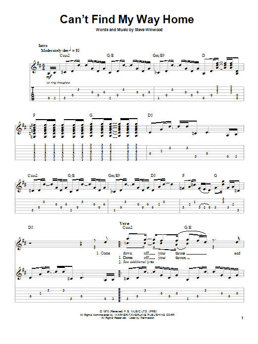 Eric Clapton Can't Find My Way Home sheet music notes and chords. Download Printable PDF.