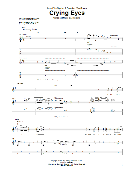 Learn to play Eric Clapton Crying Eyes sheet music for Guitar Tab in minutes. Price: 7.8900$ Eric Clapton Crying Eyes sheet music notes and chords arranged for Guitar Tab
