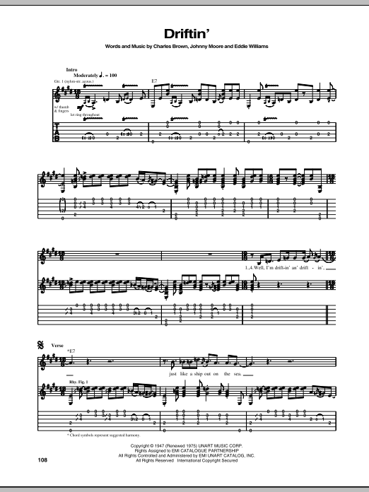 Learn to play Eric Clapton Driftin' Blues sheet music for Guitar Tab in minutes. Price: 6.9900$ Eric Clapton Driftin' Blues sheet music notes and chords arranged for Guitar Tab