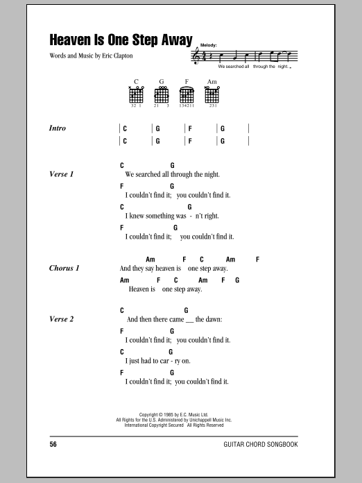 Eric Clapton Heaven Is One Step Away sheet music notes and chords. Download Printable PDF.