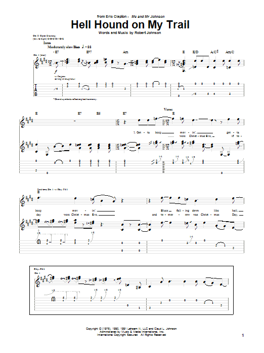 Eric Clapton Hell Hound On My Trail sheet music notes and chords arranged for Guitar Tab