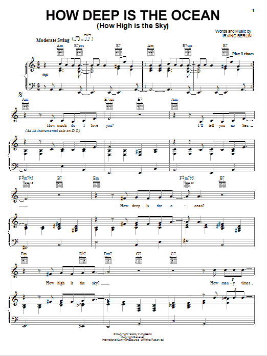 Learn to play Eric Clapton How Deep Is The Ocean (How High Is The Sky) sheet music for Piano, Vocal & Guitar Chords (Right-Hand Melody) in minutes. Price: 7.8900$ Eric Clapton How Deep Is The Ocean (How High Is The Sky) sheet music notes and chords arranged for Piano, Vocal & Guitar Chords (Right-Hand Melody)