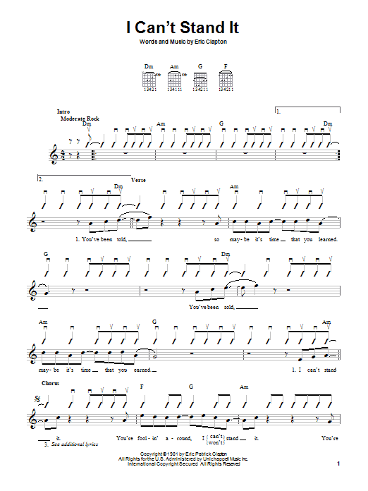 Eric Clapton I Can't Stand It sheet music notes and chords. Download Printable PDF.