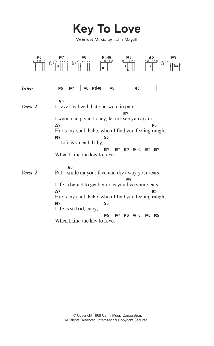 John Mayall's Bluesbreakers with Eric Clapton Key To Love sheet music notes and chords. Download Printable PDF.