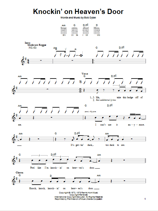 Eric Clapton Knockin' On Heaven's Door sheet music notes and chords. Download Printable PDF.