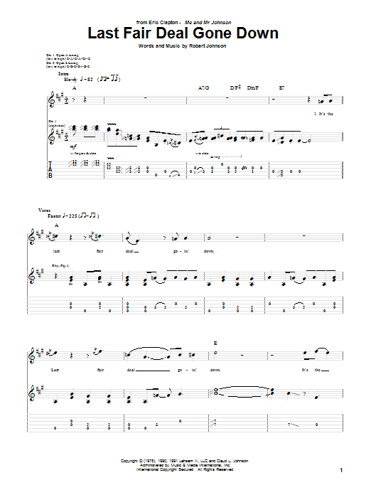 Eric Clapton Last Fair Deal Gone Down sheet music notes and chords arranged for Guitar Tab