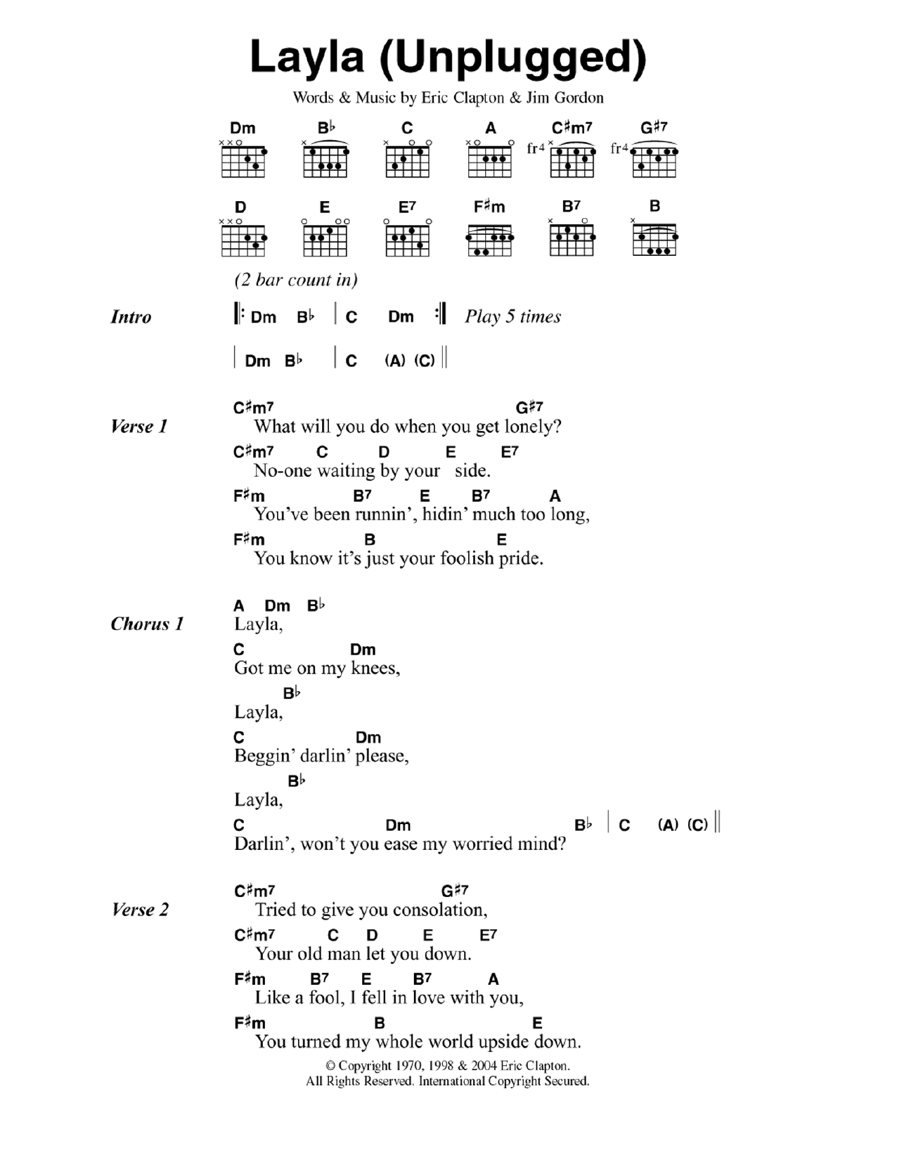 Eric Clapton Layla (unplugged) sheet music notes and chords. Download Printable PDF.