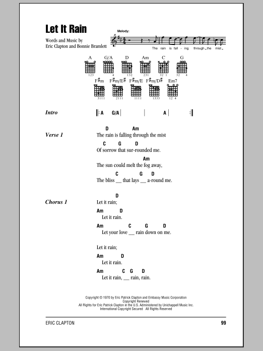 Eric Clapton Let It Rain sheet music notes and chords. Download Printable PDF.