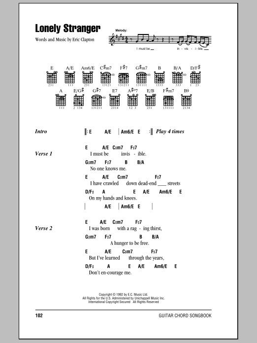 Eric Clapton Lonely Stranger sheet music notes and chords. Download Printable PDF.