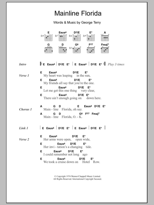 Learn to play Eric Clapton Mainline Florida sheet music for Guitar Chords/Lyrics in minutes. Price: 4.4900$ Eric Clapton Mainline Florida sheet music notes and chords arranged for Guitar Chords/Lyrics