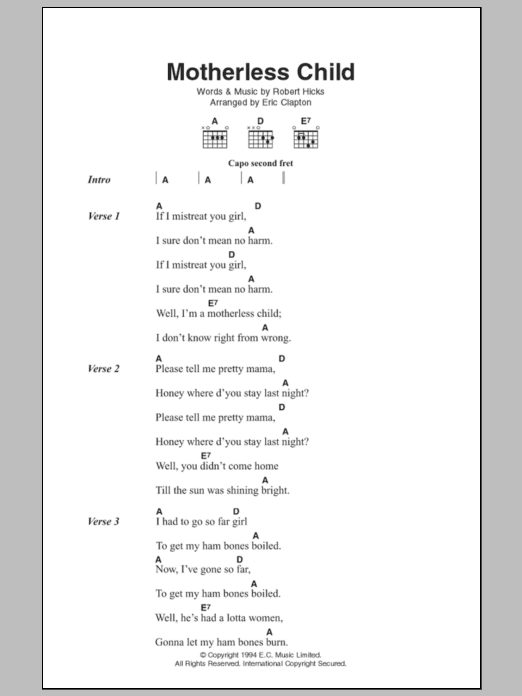 Eric Clapton Motherless Child sheet music notes and chords. Download Printable PDF.