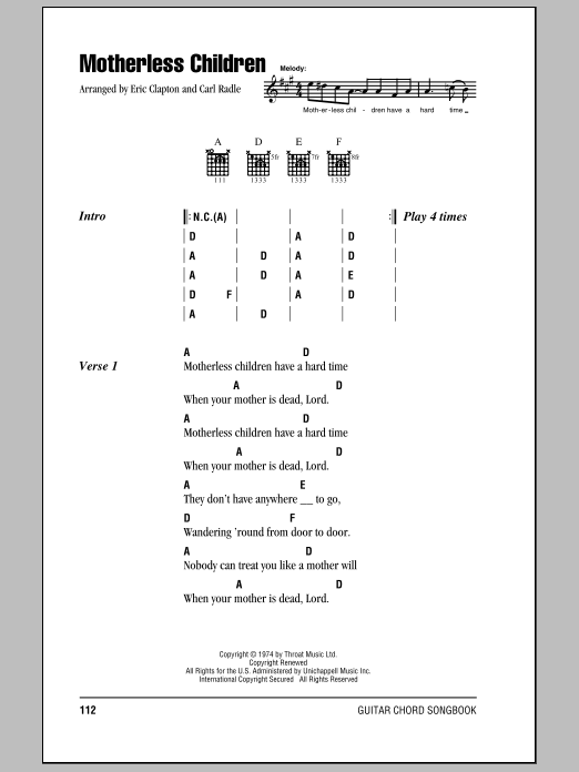 Eric Clapton Motherless Children sheet music notes and chords. Download Printable PDF.