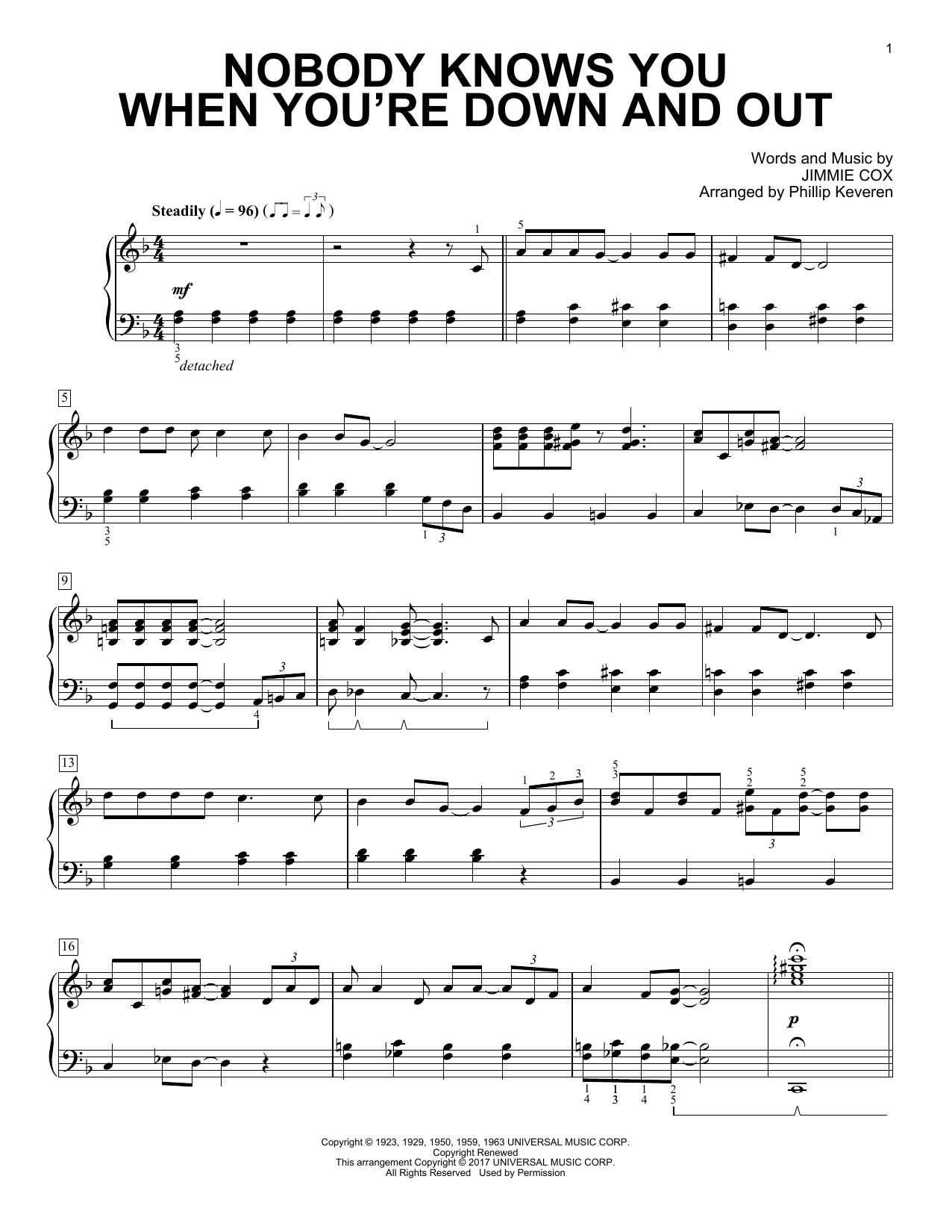 Phillip Keveren Nobody Knows You When You're Down And Out (Nobody Knows When You're Down And Out) sheet music notes and chords. Download Printable PDF.