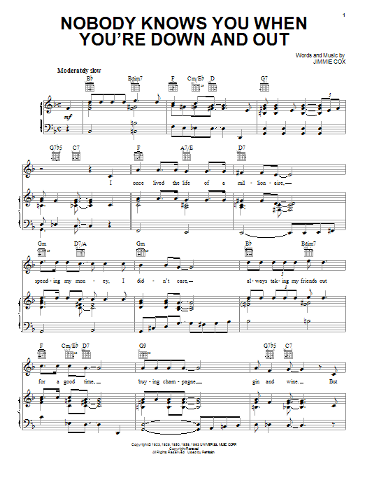 Eric Clapton Nobody Knows You When You're Down And Out sheet music notes and chords. Download Printable PDF.