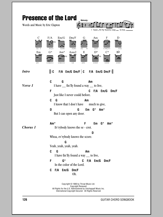 Eric Clapton Presence Of The Lord sheet music notes and chords arranged for Guitar Chords/Lyrics